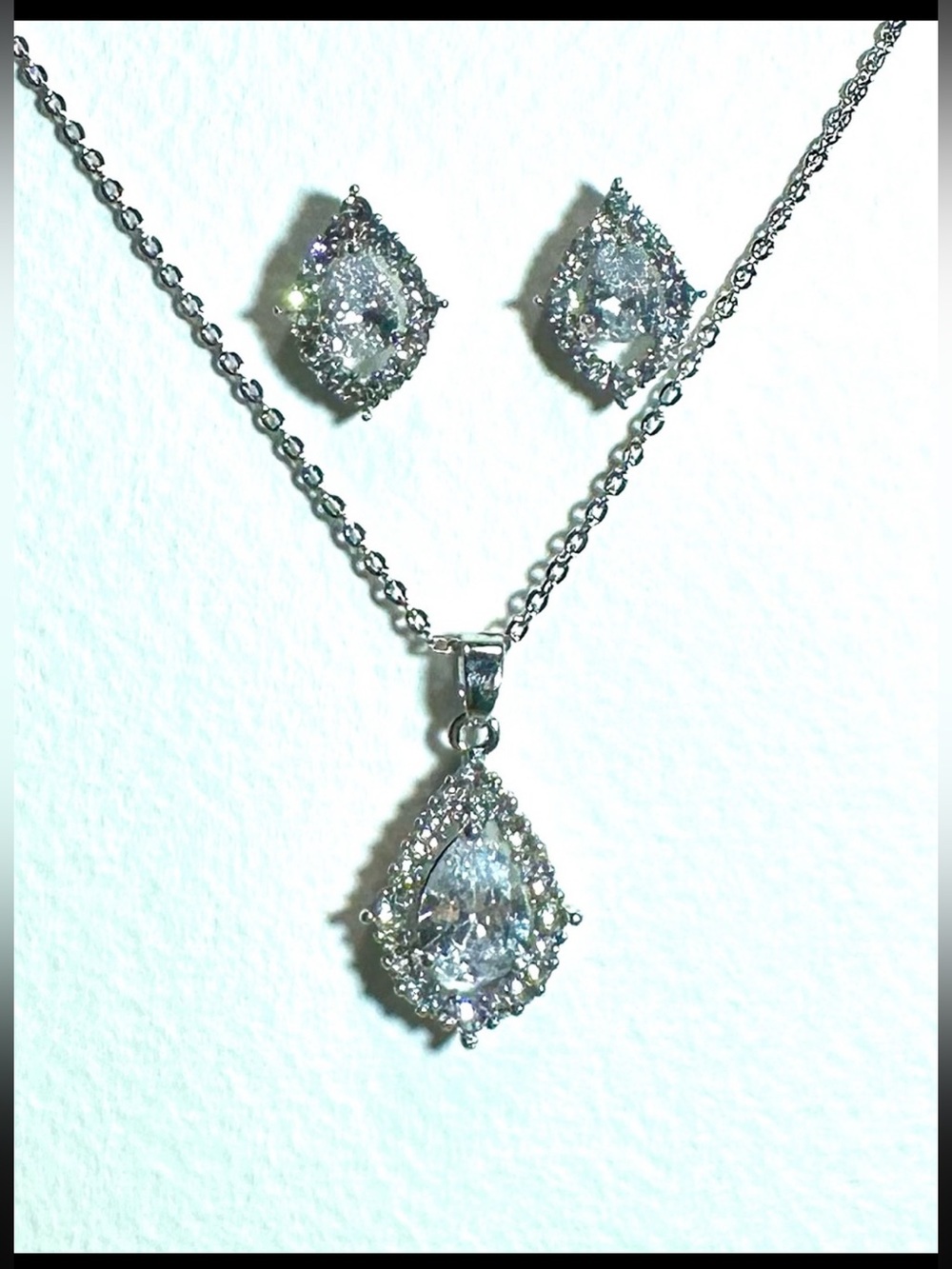 Elegant Silver Teardrop Halo Crystal Necklace & Stud Earrings Jewelry Set
